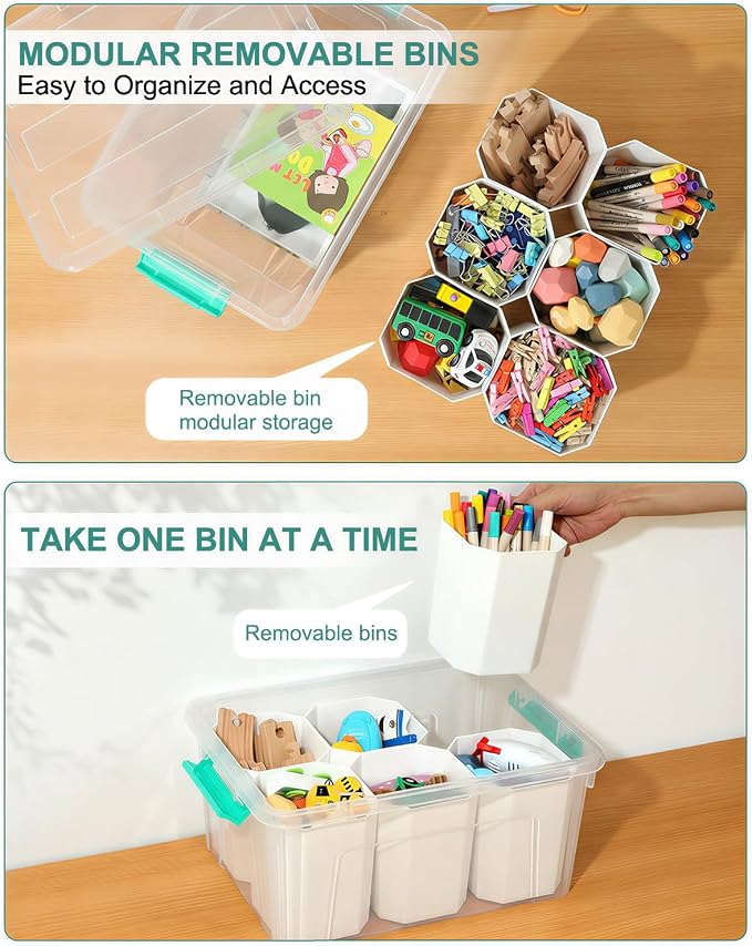 EOENVIVS Clear Storage Boxes with 6 Tall Inserts, Large Plastic Organizer Box with Lid and Handles, 15.94x11.61x7.28 Inches, Multi-Functional Container for Cosmetics, Toys, School Supplies