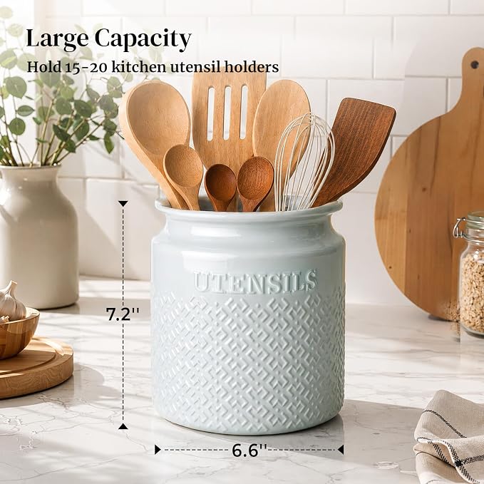 DOWAN 7.2" Large Ceramic Utensil Holder for Kitchen Countertop, Light Blue