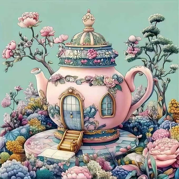 Teapot Castle Diamond Art Kits for Adults,5D Diamond Painting Kits for Beginner,DIY Full Round Drill Flower Diamond Dot Gem Painting With Dot Art Craft Kits for Home Wall Decor 13.79 x 13.79inch
