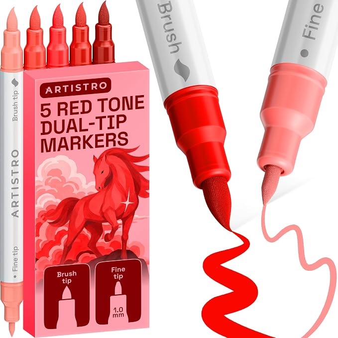ARTISTRO 5 Red Tones Dual-Tip Acrylic Paint Marker Pens for Drawing | For Fabric, Rock, Glass, Wood, & Molds, Arts & Crafts Gift for Adults, Teens, & Kids, Classroom Must Haves & School Supplies