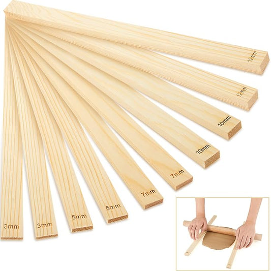 Sasylvia 10 Pcs Clay Pottery Rolling Pin Guides,5 Size,Wood Color | Wooden, Teaching Rolling Mud Stick Guide, Polymer Clay Depth Thickness Guide, Pottery Mudboard Tool