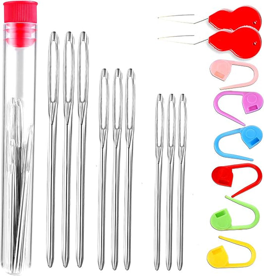 17 Pcs Sewing Knitting Kits, 9 Pcs Large-Eye Blunt Yarn Needles, 2 Pcs Needle Threader, 6 Pcs Colorful Knitting Crochet Locking Counter Stitch Needle, Suitable for Crochet Project