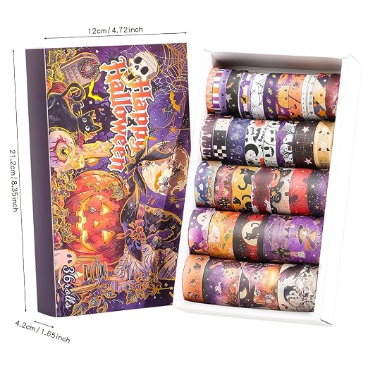 icceemee Halloween Washi Tape Set 36 Rolls, Vintage Pumpkin Ghost Bat Spider Witch Decorative Masking Tape, Holiday Craft Tape for Journaling Scrapbook Gift Wrapping Card Making DIY Crafts