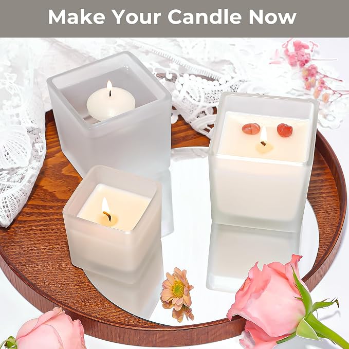 CONNOO 12 Pack 9oz & 3oz Frosted Glass Square Candle Jars with Bamboo Lids