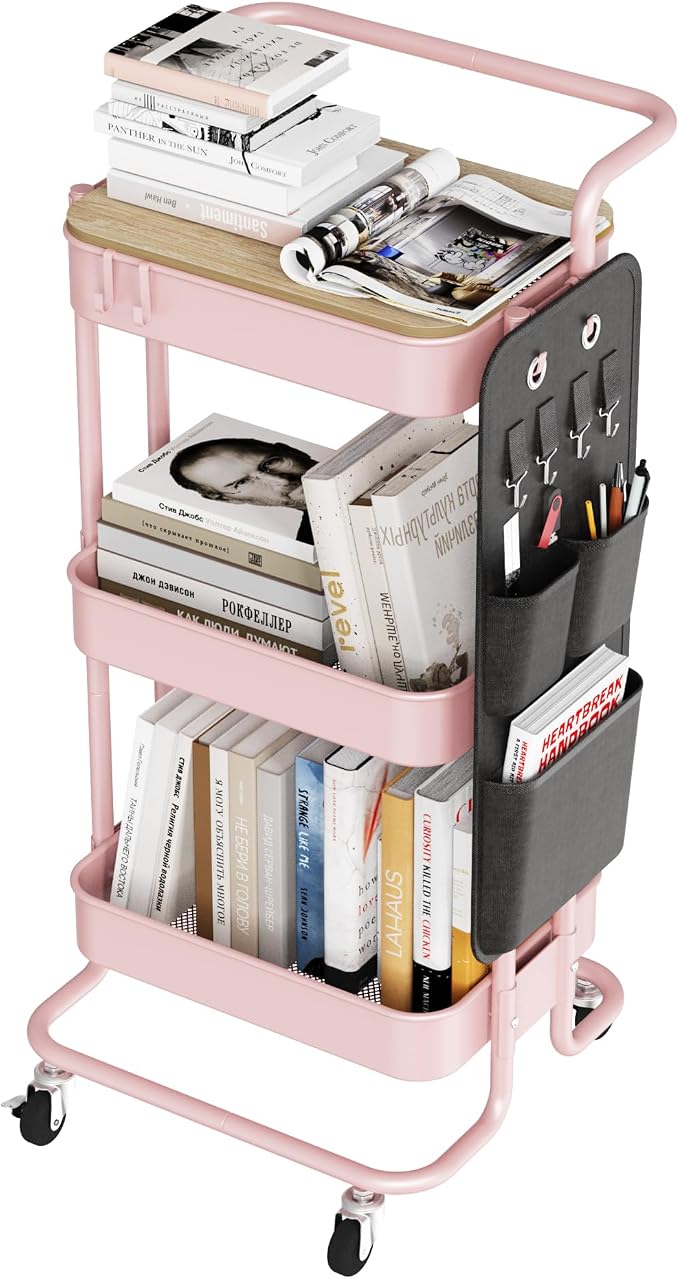 DTK 3-Tier Rolling Cart with Table Top, Metal Utility Cart with Side Bags