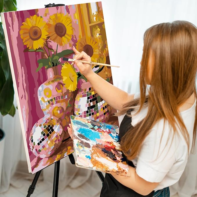 GEEHEIY Paint by Numbers Kit for Adults, Disco Sunflower Vase, 16 x 20 Inch | DIY Adult Paint by Number Kit on Canvas for Beginners, without Frame, Colorful Floral Wall Decor, Stress Relief Craft Gift