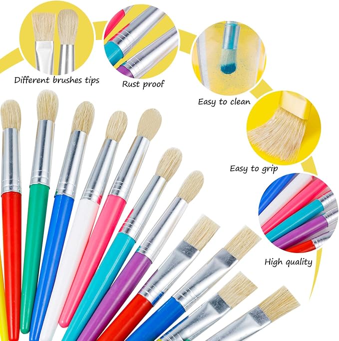 YGAOHF 48 Pack Paint Brushes for Kids - Kids Paint Brushes with Bristle, Big Washable Chubby Toddler Paint Brushes, Easy to Clean Round Flat Brushes for Acrylic Oil Watercolor Washable Paint