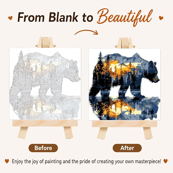 AUKELHJ Framed Paint by Numbers Kit for Adults, Bear, 10x10 inch