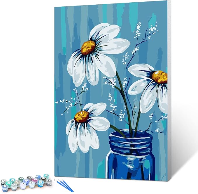 Ginkko Paint by Numbers for Adults Kids Beginners with Wooden Frame Easy Acrylic on Canvas 12x16 inch with Paints and Brushes, Vase Flower(Include Framed)