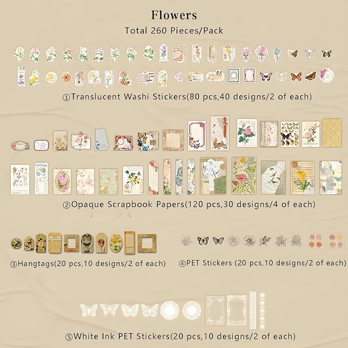 Teniinet 260 PCS Vintage Scrapbooking Supplies Kit for Beginners (Flowers)