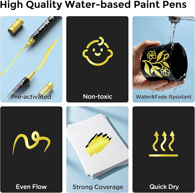 Betem 2 Gold Colors Paint Markers for Glass, Dual Tip Acrylic Paint Pens | Window, Fabric, Wood, Rock, Canvas, Acrylic Markers with Fine & Brush Tip, Art & Craft Supplies, Wine Glass Markers