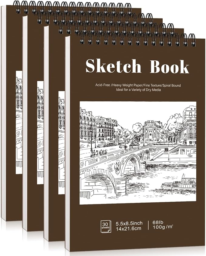 4 Pack Small Sketch Books, 5.5 × 8.5 in, Spiral Bound, Yellow-Brown | 100gsm Acid-Free Paper, 30 Sheets Each, for Pencils Charcoal & Crayons, Portable Hardcover Design, Lays Flat