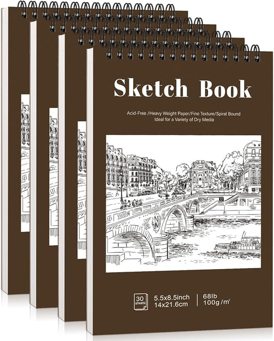 4 Pack Small Sketch Books, 5.5 × 8.5 in, Spiral Bound, Yellow-Brown | 100gsm Acid-Free Paper, 30 Sheets Each, for Pencils Charcoal & Crayons, Portable Hardcover Design, Lays Flat