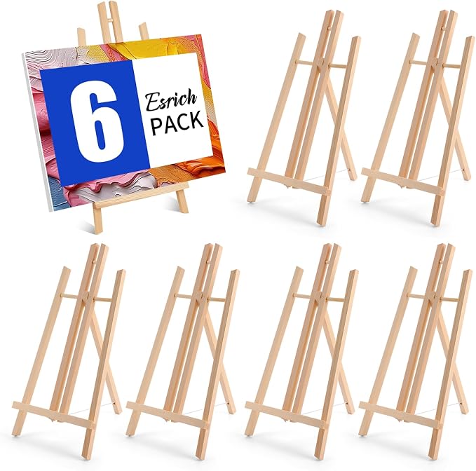 ESRICH 6 PCS 16in Wood Easels, Tabletop Easel for Painting Party | Paint Easel for Display Canvas, Photos, Display Tripod Holder Stand for Students Kids