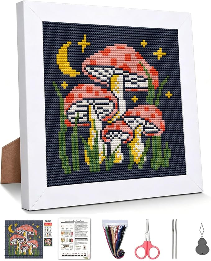 Mushroom Stamped Cross Stitch Kits for Beginners Adults with Framed | Mushroom Moon Star Needlepoint Counted Cross Stitch Kits for Beginners Adults Embroidery Kits Arts and Crafts 6x6 inch