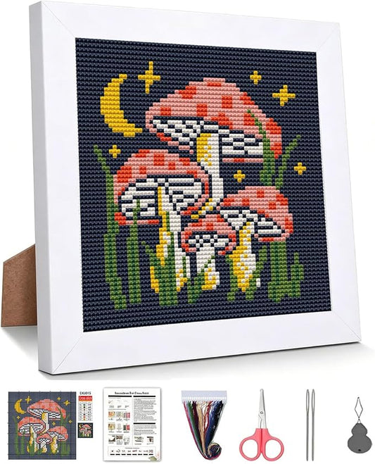 Mushroom Stamped Cross Stitch Kits for Beginners Adults with Framed | Mushroom Moon Star Needlepoint Counted Cross Stitch Kits for Beginners Adults Embroidery Kits Arts and Crafts 6x6 inch