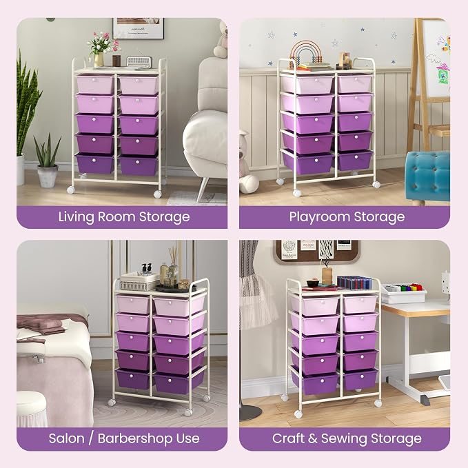 Giantex 10 Drawers Rolling Cart, Classroom Organizers, Storage Cart with Wheels, for Teacher Office Home School Supplies Tool Craft Art Paper, Purple Gradient