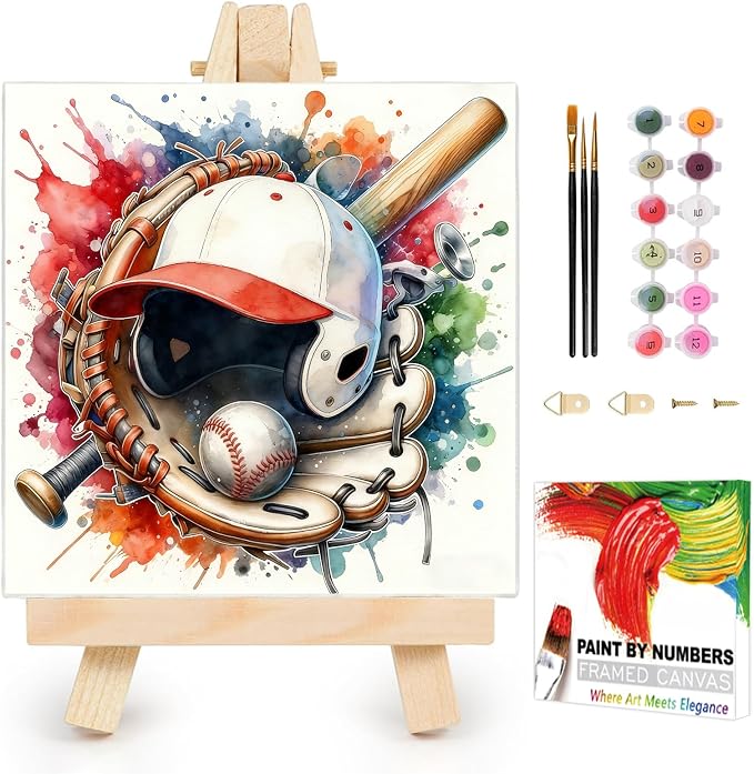 AUKELHJ Framed Paint by Numbers Kit for Adults, Baseball, 10x10 inch