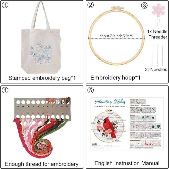 Louise Maelys Cardinal Embroidery Kit for Beginners Canvas Tote Bag