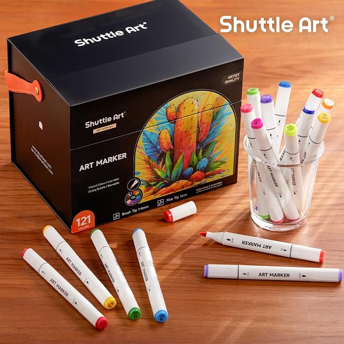 Shuttle Art Brush Tip Alcohol Markers, Dual Tip Brush & Fine Tip Art Marker Set, 121 Colors Marker Pens with Organized Case Perfect for Illustration Kids Students Adults Coloring Sketching