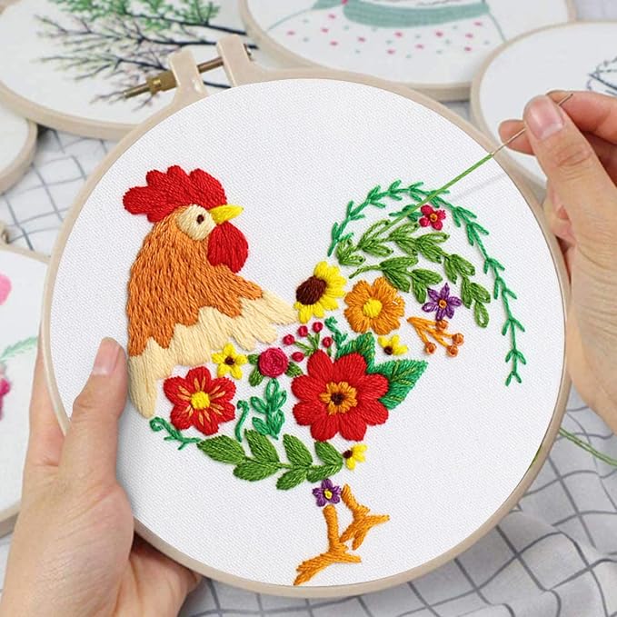 Louise Maelys Embroidery Kit for Beginners with Funny Rooster and Flower | Complete Kit Includes Fabric, Hoop, Threads, Guide. Create Fun Designs with Cross Stitch Kits. Explore Needlepoint Kit