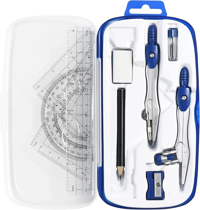 Unjoo Geometry Set 10 Pcs, Compass and Protractor for Students(Navy Blue) | Shatterproof Storage Box,Rulers,Protractor,Compass,Eraser,Pencil Sharpener,Lead Refills,Pencil,for Classroom, Back to School