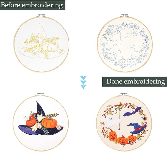 Santune 4-Pack Halloween Embroidery Kit Cross Stitch Kits for Beginners DIY Needlepoint Kit with 4 Embroidery Clothes Featuring Pumpkin Patterns,2 Hoops,Color Threads,Needles