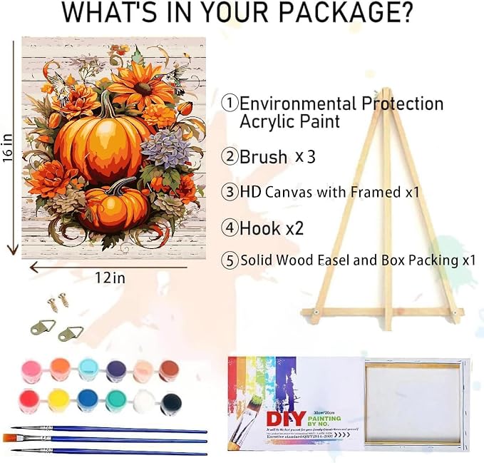 Fall Paint by Numbers for Adults with Framed Canvas-with Wooden Easel,Paint by Numbers Kits Framed Canvas,DIY Acrylic Oil Painting Kits with Brushes Nice Gift Box for Home Wall Decor(12x16 Inch)