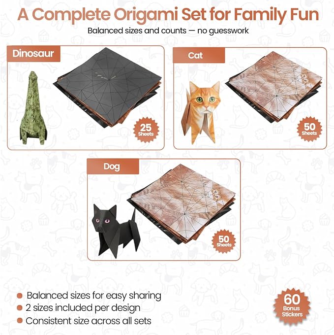 Paper Cats Origami Kit for Adults – Origami Cats, Dogs & Dinosaurs with 135 Sheets + 60 Cat Stickers | Japanese Paper Craft Set | Mindful Creative hobby & Gift for Cat Lovers, Beginners and Hobbyists