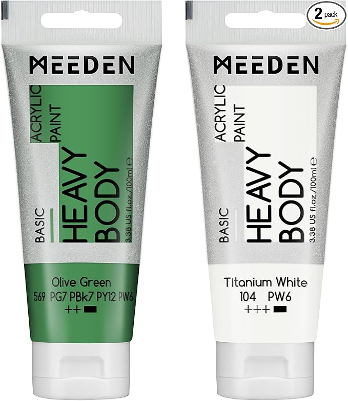 MEEDEN Acrylic Paint Olive Green: 100ml/3.38oz x 2 with Titanium White | Heavy Body Artist Acrylic Paint Set for Canvas, Wood & Craft, Non-toxic Creamy Art Paint with Titanium White for Mixing