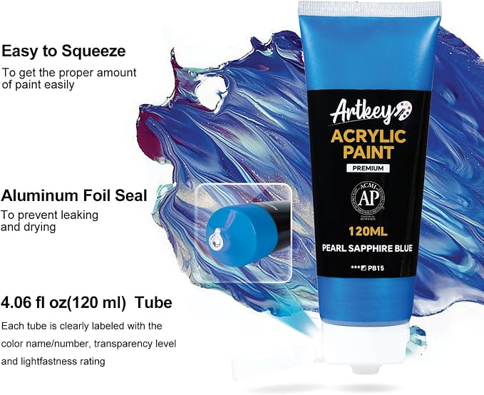 Artkey Metallic Acrylic Paint - Pearl Sapphire Blue (120 ml/4.06 oz) Tubes, Rich Pigments, Artists Acrylic Paints - Art Supplies for Canvas Wood Rock Clay Fabric Ceramics Art Crafts Painting