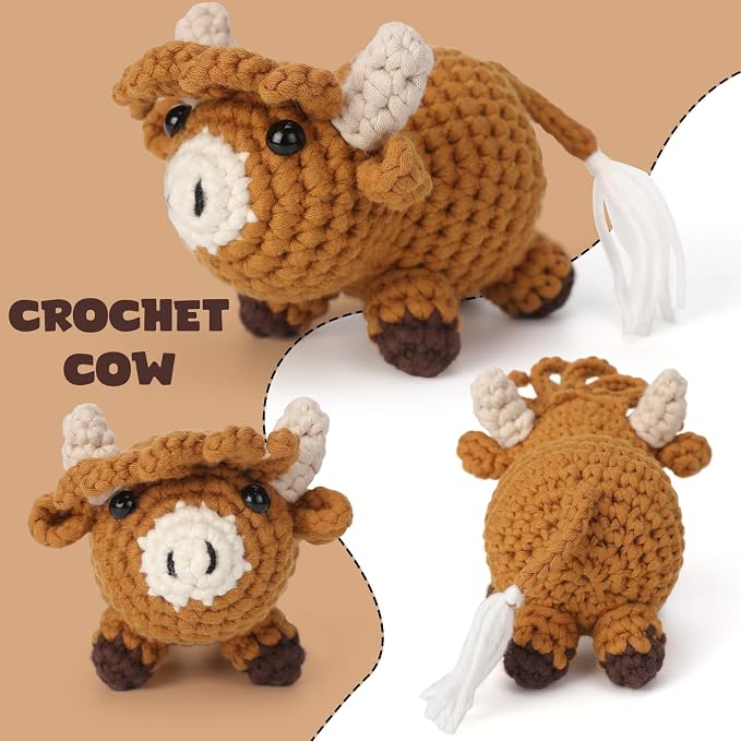 CrochetBox Crochet Kit for Beginners Adults - Highland Cow Starters Crochet Kit, Beginners Crocheting Kitting for Adults Teen, Craft Gifts with Crochets Yarns, Hook, Step-by-Step Video, Instruction