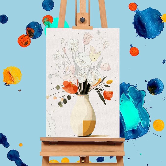4 Pack Framed Paint by Numbers Kit for Adults with Wooden Easel, 8x12 Inch | Flowers Vase, Easy DIY Acrylic Canvas Craft Kit with Frame for Beginners, Home Decor, Stress Relief Relaxing Hobby Gift