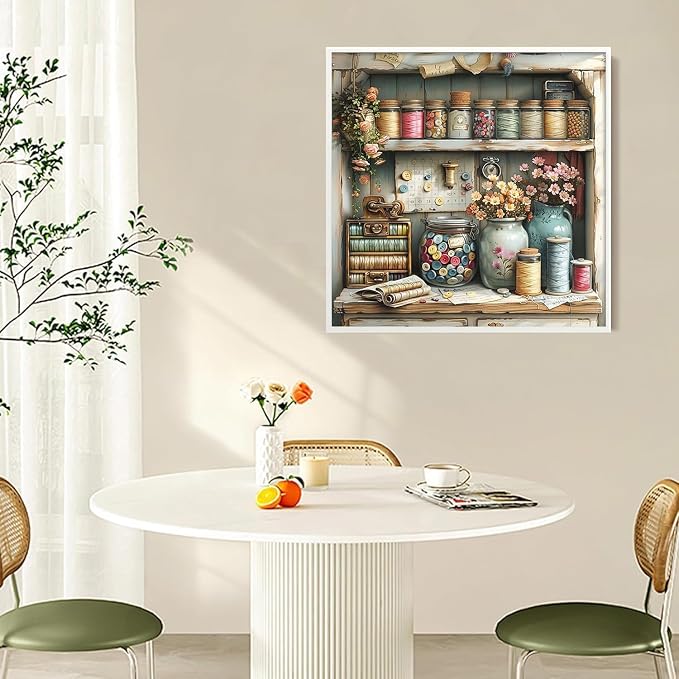 Vintage Sewing Room with Buttons Jar Diamond Art Kits for Adults,5D Diamond Painting Kits for Beginners,DIY Round Full Drill Diamonds Gem Art Crafts for Home Wall Decor Gifts 14x14 Inch