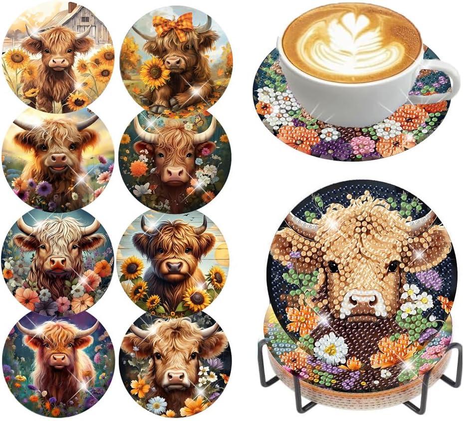 Diamond Art Coasters Kit,8 Pcs Highland Cow Diamond Painting Coasters Kit