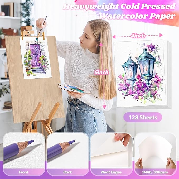 128 Sheets Watercolor Paper Bulk, 4"x6" Water Color Paper for Kids Adults | 140lb/300gsm White Cold Press Artists Drawing Coloring Sketching Painting Paper,Arts and Crafts Supplies,Valentine Gift Cards