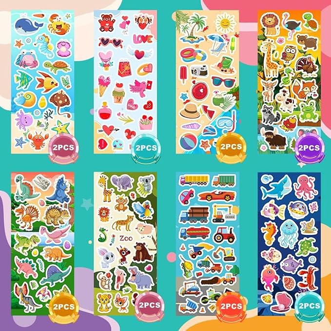 48 Sheets Stickers for Kids, Cute Stickers Variety Pack for Scrapbooking | Teachers Classroom Prizes, Goodie Bag Stuffers Including Animals, Cars, Dinosaurs, Fishes, Hearts, Stars and More