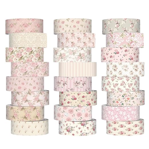 Gueevin 24 Rolls Floral Washi Tapes Set Scrapbook Supplies, Pink Floral | 15 mm Watercolor Flower Washi Tapes, Back to School DIY Craft Arts, Junk Journaling Planner Gift Wrapping Supplies