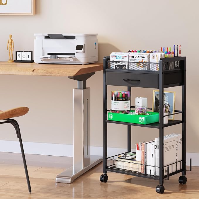 Homsorout 3 Tier Rolling Cart - Metal Utility Cart with Storage Drawer and Wheels, Versatile Art & Craft Organizer for Home, Office, or Studio Ideal for Storing Brushes, Paints, and Supplies Black