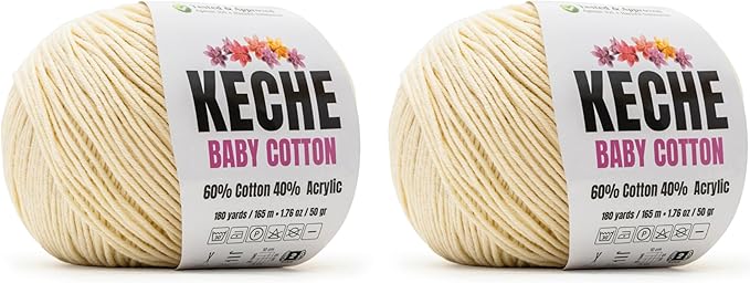 Keche Baby Cotton, 60% Cotton 40% Acrylic Yarn, Soft Cotton Yarn for Crochet and Knitting, Amigurumi Yarn 4 Skeins/Balls [1.76 Oz (50g) / 180 Yrds (165m)] x 2 Cream