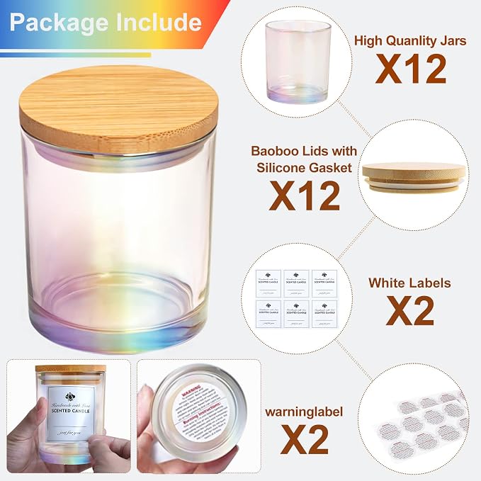 CONNOO 12 Pack 10 OZ Iridescent Glass Candle Jars | Airtight Bamboo Lids Nice Sticky Warning Labels for Candle Making Empty Container Bulk - Dishwasher Safe