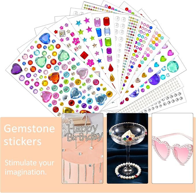 3500pcs Gem Stickers Jewels for Crafts，12 Sheets Rhinestone Stickers for DIY Craft，Stick on Gems Rhinestones for Crafts, Kids Art Supplies (Self-Adhesive Sparkle Jewels)