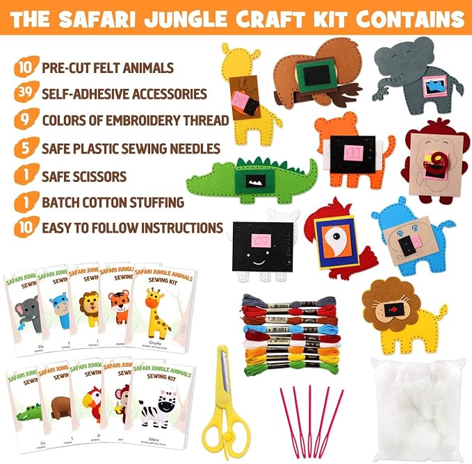 CiyvoLyeen Kids Sewing Kit Crafts - Safari Jungle Animal DIY Felt Crafts for Boys & Girls Art & Craft Set Learn to Sew Toy Animals Gift for Ages 7–12, 10 Cute Projects