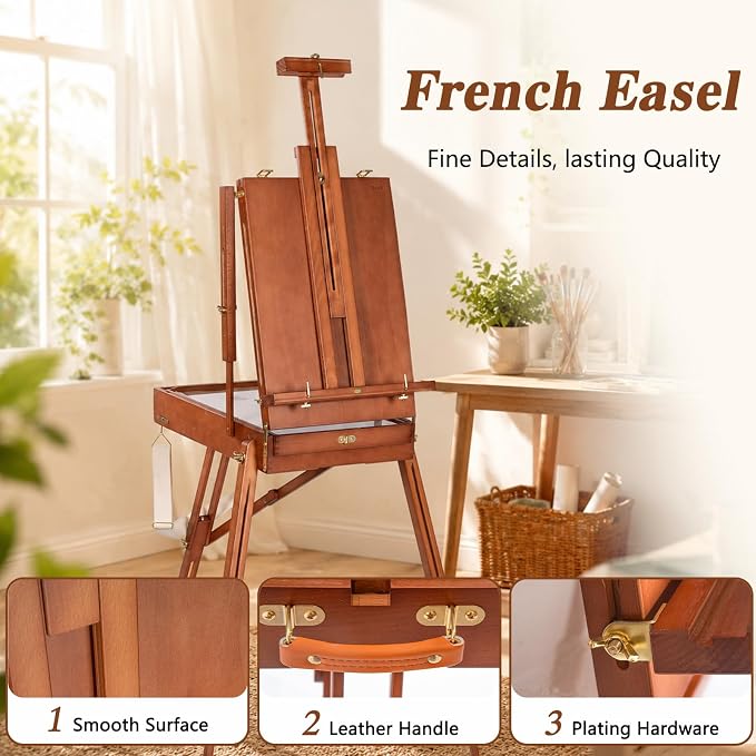 DJAR French Easel with Shoulder Strap, Adjustable Beech Wood Art Easel with Drawer, Palette, Level Instrument & Scale Leg, Studio Tabletop Floor Easel for Artists, Hold Canvas up to 34", Walnut