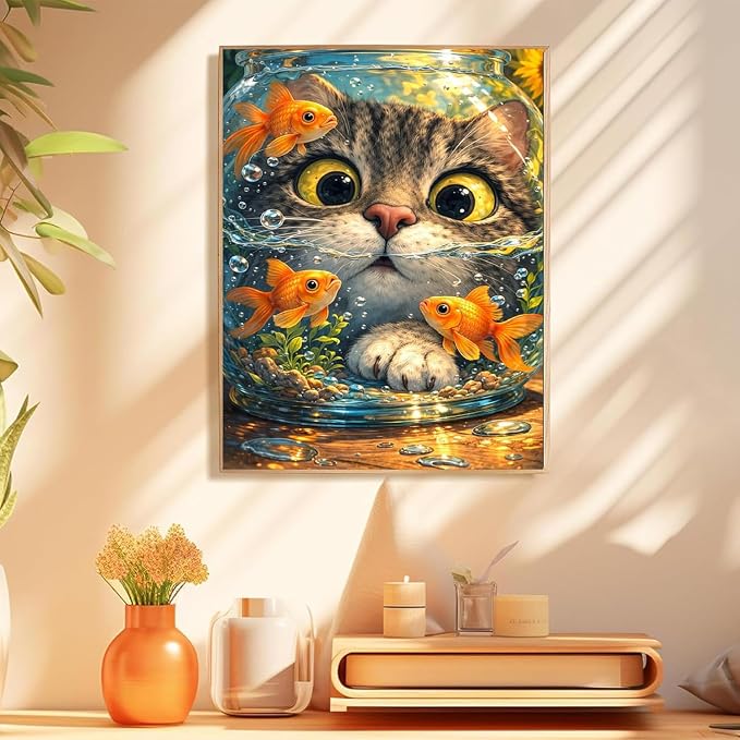 Cat Goldfish Paint by Numbers Kit for Adults Framed Canvas, Frameworkless | Easy Adult Paint by Number Kits on Canvas DIY Cat Goldfish Painting for Beginners Art by Numbers for Home Wall Decor 12X16 in