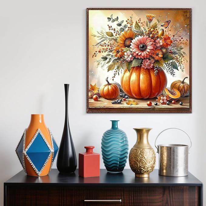 Fall Pumpkin Sunflower Butterfly Paint by Numbers Kit for Adults, DIY Paint by Numbers Kits for Adults Beginners Without Frame, Acrylic Paint Canvas Painting Kits Art for Home Decor 16x16 Inch