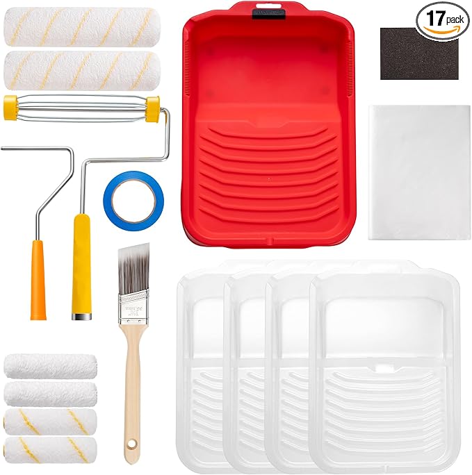 Mister Rui 17 Pieces Paint Roller Kit with 9 Inch Magnetic Tray and Liners