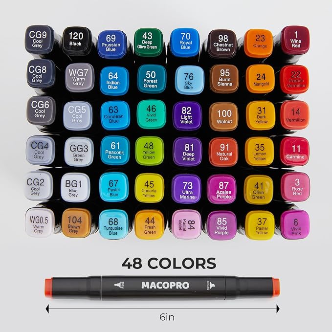 Alcohol Markers Set, Alcohol Based Dual Tip, Broad and Brush Tip for Adult Coloring Books, Drawing, Sketching (48)