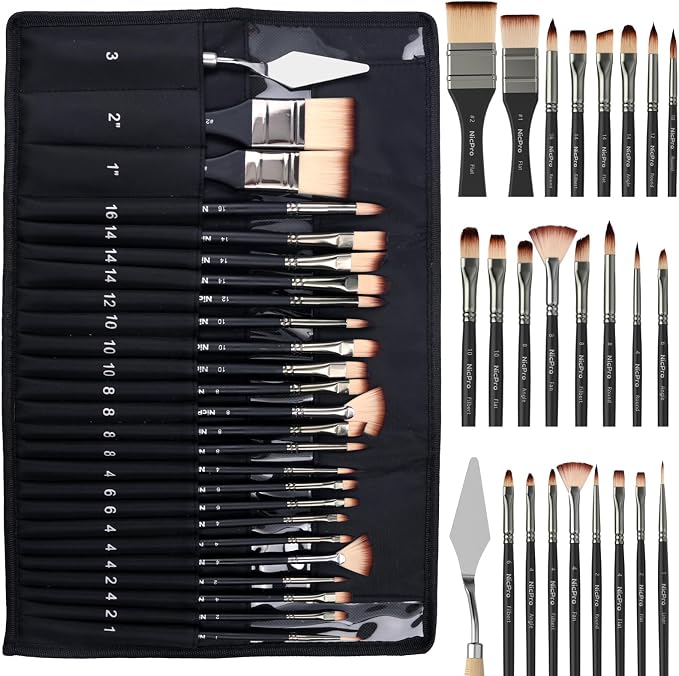 Nicpro 26pcs Professional Paint Brush Set with Palette Knife & Canvas Roll | Craft Paint Brushes for Acrylic Painting, Oil, Watercolor, Gouache & Canvas, Drawing & Art Supplies for Adults, Artists Gift