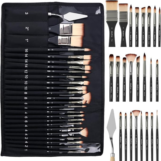 Nicpro 26pcs Professional Paint Brush Set with Palette Knife & Canvas Roll | Craft Paint Brushes for Acrylic Painting, Oil, Watercolor, Gouache & Canvas, Drawing & Art Supplies for Adults, Artists Gift